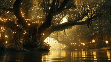 Wall Mural - Warm glow of lanterns illuminates ancient tree by serene river during twilight hours in magical forest setting