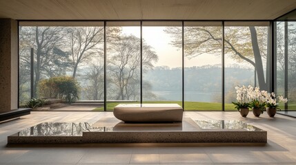 Wall Mural - Serene minimalist room, stone basin, scenic view.