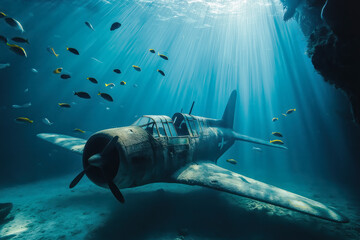 Wall Mural - Historic aircraft underwater. Sunken military plane.  Sunken WWII plane underwater