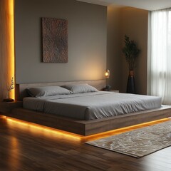 Wall Mural - Modern bedroom, platform bed, warm lighting, wooden floor.