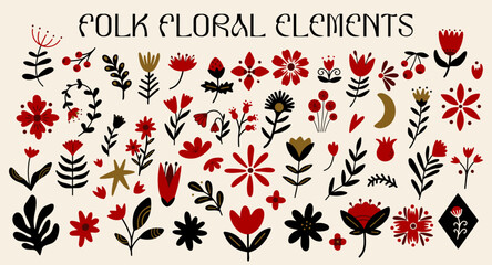 Abstract folk plant shapes and forms vector illustration set for design. Different types of flowers and leaves silhouette decorative elements kit. Large collection of botanical ethnic scandi stickers