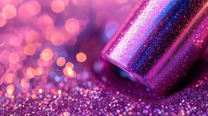 Wall Mural - High Shimmering Pigments. Liquid with glitter macro . Pink purple metallic copper. Magical holographic glow and bokeh. Festive abstract background.