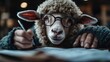 © DKPhoto - A humorous portrayal of a sheep wearing glasses while concentrating on writing, blending animal charm with human-like diligence, and showcasing creativity in a cozy setting.