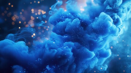 Wall Mural - Ink explosion background. Magic spell. Blue glowing smoke swirls hypnotic burst cloud spreading in dark abstract glitter fume haze creative art.