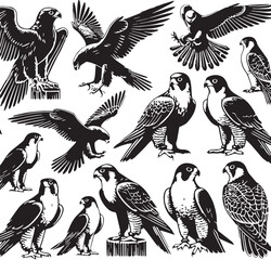 Black Color Peregrine Falcon Silhouette Vector Illustration, Solid White Background. minimal vector design