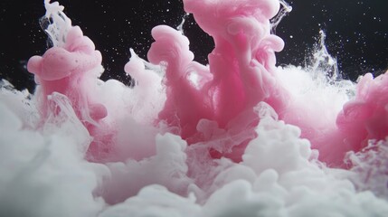 Wall Mural - Paint water shot. Color vapor cloud. Opener effect. Underwater pink white pigment smoke flow motion on black abstract art background.