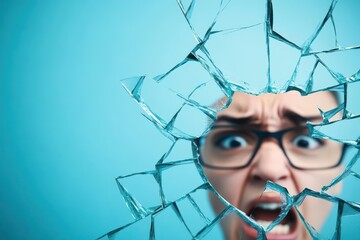 Poster - A contemplative man wearing glasses gazes through fractured glass reflecting a world of shattered perspectives and introspective thoughtfulness