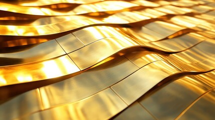 Wall Mural - Rows of golden-yellow brass metal plaques swaying gently in the wind, reflecting sunlight in dynamic patterns. The plaques are arranged in a grid-like formation.