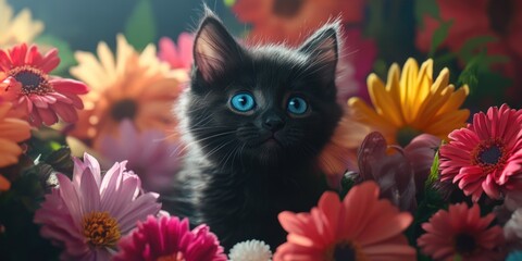 Poster - Black cat among flowers