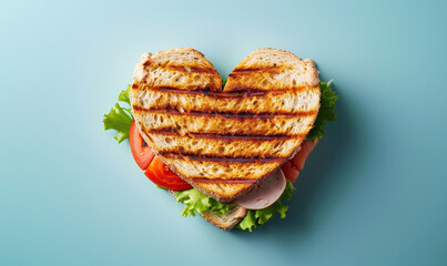 Heart shaped toast sandwich with ham, lettuce and tomato on turquoise background