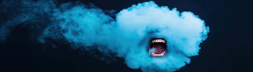 Poster - Mysterious Blue Smoke Cloud Forming a Large Mouth Shape Evoking Intriguing Imagery and Imagination in a Surreal Ethereal Atmosphere