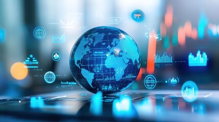 Fototapete - A Globe Surrounded by Diverse Icons and Analytical Graphs Representing Global Connectivity and Data Visualization in a Modern Digital Environment
