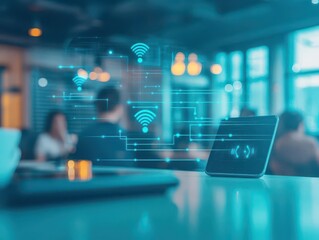 Fototapete - Sleek Tablet Displaying Wireless Connection Icon on a Modern Workspace Desk Surrounded by Creative Tools and Soft Ambient Lighting for Productivity