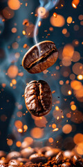 Roasted coffee beans falling with smoke and bokeh effect