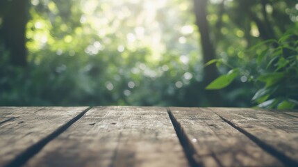 Wall Mural - wooden table in a forest with soft sunlight filtering through the trees during a peaceful afternoon