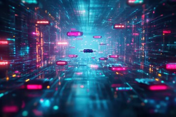 Fototapete - A cyberpunk cityscape with glowing neon lights and flying cars, gritty and futuristic