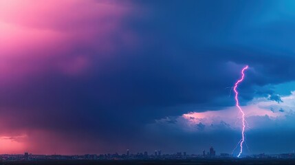 Poster - Dramatic Lightning Bolt Illuminating Night Sky Above Urban Skyline Creating an Electrifying Atmosphere in a Bustling Cityscape at Dusk