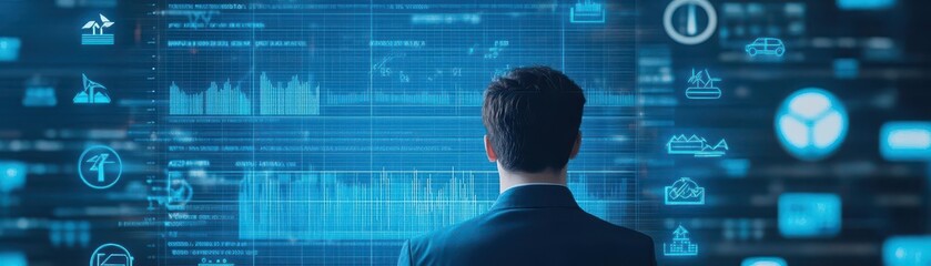 Poster - Professional Man in Suit Engaged with Futuristic Digital Screen in Modern Office Setting Reflecting Innovation Ambition and High Technology Environment
