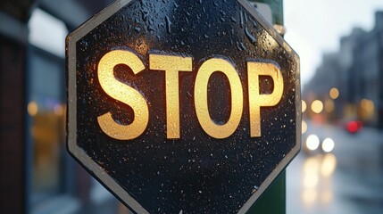 Canvas Print - Rain-covered stop sign, glowing letters, city background.