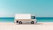 © Intach - A blank food truck PNG mockup positioned on a sandy beach with a minimalistic backdrop of the ocean, ideal for presenting creative branding ideas.