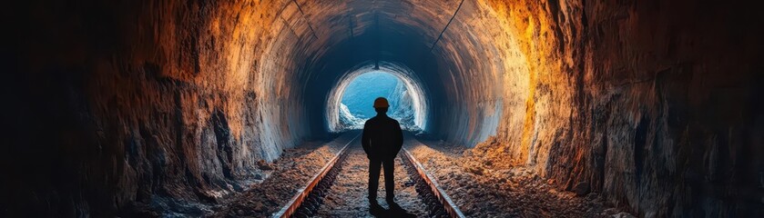 Leinwandbilder - A lone man stands in a dimly lit tunnel gazing out into the distant light creating a sense of mystery and anticipation in his solitary journey