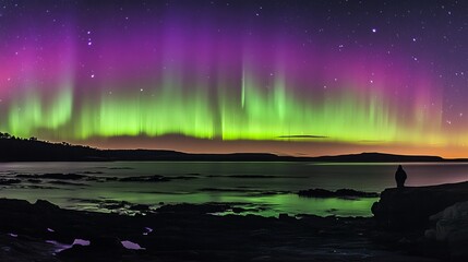 Poster - Stunning night sky featuring the aurora borealis in green and purple with silhouette on a rock