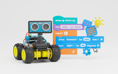 Block coding for kids teaching learning creative basics beginners remotely controlled automation robotic car vehicle programming education skill Technology STEM. 3d rendering.