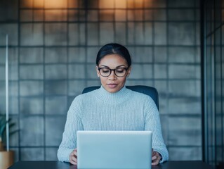 Poster - Focused Woman in Glasses Working at Desk with Laptop Surrounded by Notebooks and a Calm Atmosphere Reflecting Dedication and Professionalism