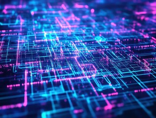 Poster - Illuminated Computer Circuit Board Featuring Vibrant Blue and Pink Lights Creating a Futuristic and High-Tech Atmosphere in Digital Environment