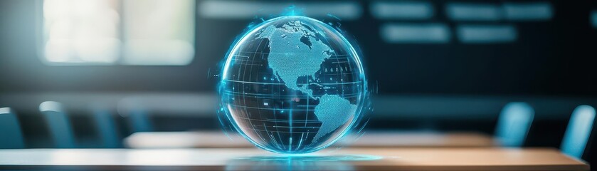 Poster - Elegant Globe on Table Surrounded by Soft Blur Effect Creating a Dreamy Atmosphere Perfect for Travel Inspiration and Global Exploration Themes