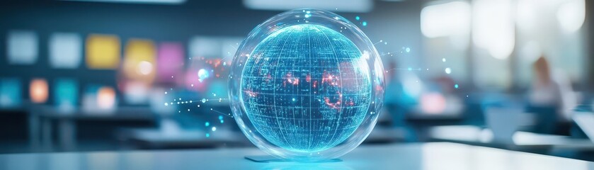 Poster - Advanced tech integration in education, holographic globes in a classroom, collaborative atmosphere