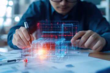 Aufkleber - Focused Man Analyzing Detailed Blueprint of Modern Residential House Surrounded by Construction Tools and Materials in a Bright Work Environment