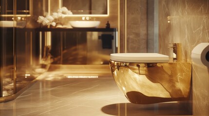 Wall Mural - Luxurious golden toilet in a chic bathroom with elegant design and ambient rgb lighting