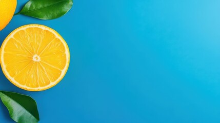 Aufkleber - Vibrant Yellow Lemons on a Bright Blue Background One Lemon Cut in Half Revealing Juicy Flesh Symbolizing Freshness and Zest in Culinary Arts