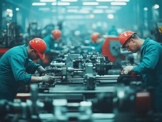 Poster - Two Factory Workers Collaborating on Industrial Machinery in a Productive Work Environment Focused on Safety Efficiency and Teamwork in Manufacturing Sector