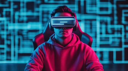 Aufkleber - Man Engaged in Virtual Reality Experience Surrounded by Futuristic Digital Elements Showcasing Technology Innovation and Immersive Gaming Environment