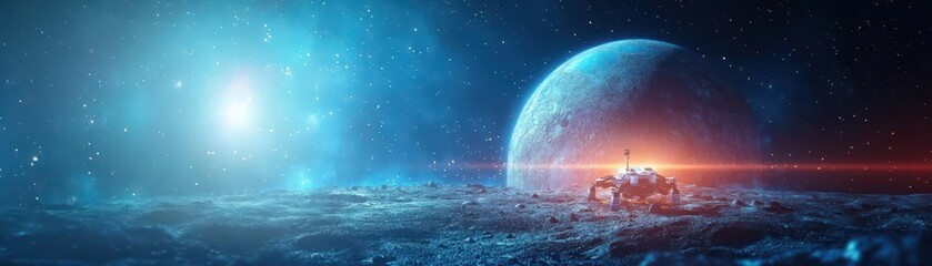 Aufkleber - Futuristic Space Station on Lunar Surface Illuminated by Bright Radiant Light Against Starry Sky Creating a Unique and Otherworldly Celestial Scene