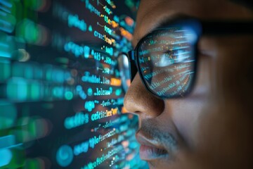 Portrait of Startup Digital Entrepreneur Working on Computer, Line of Code Projected on Face and Reflecting in His Glasses. Neural network ai generated