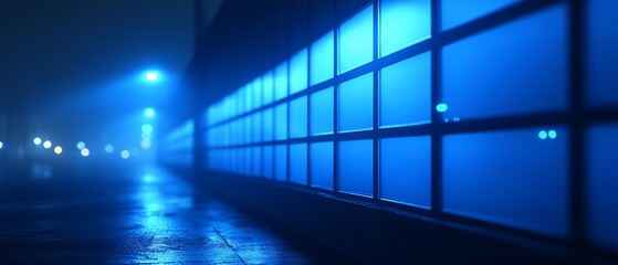 Wall Mural - Night city alley, blue light, foggy street, background blur, urban scene