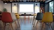 © sup - Modern Conference Room Setup: Chairs, Screen, and Minimalist Design