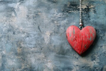 A rustic red heart pendant hanging on a chain against a textured blue background.