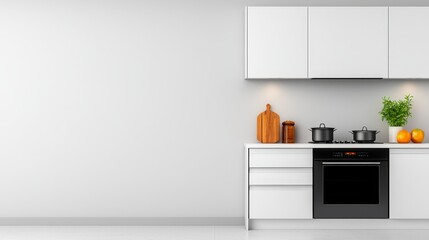 Poster - A modern kitchen with white cabinetry, minimalist design, black appliances, and decorative items for a clean and inviting atmosphere.