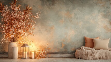 Wall Mural - A serene interior scene featuring a vase of flowers, soft cushions, lanterns, and a textured wall, creating a cozy, inviting atmosphere.