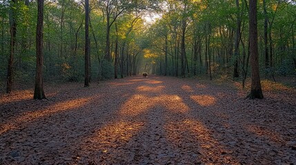 Wall Mural - Sunlit forest path, leaf-covered, serene.