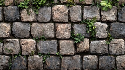 Textured stone wall with greenery, showcasing natural aging and resilience in an outdoor setting