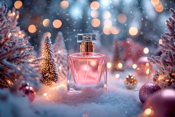 Wall Mural - A pink perfume bottle surrounded by snowy decor, twinkling lights, and festive ornaments in a wintery setting