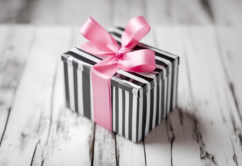 wrapped present birthday paper wood holiday white gift old pink striped bow background decoration box surprise black ribbon