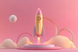 © KP - A whimsical rocket launches from a circular platform amidst soft clouds and a pastel pink background, evoking a playful space theme.