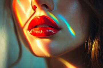 Poster - Close-up of a young woman's lips with glossy red lipstick, illuminated by colorful light reflections