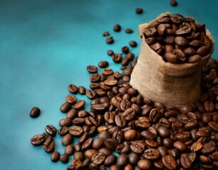 A minimalist composition of roasted coffee beans scattered on a bright blue background, combining simplicity and contrast in a modern style.